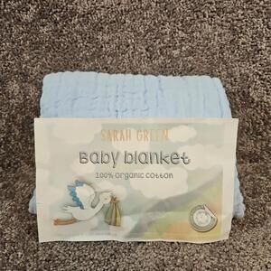 Sarah Green 100% Organic Cotton Muslin Baby Blanket. Blue 42"×42". NIB